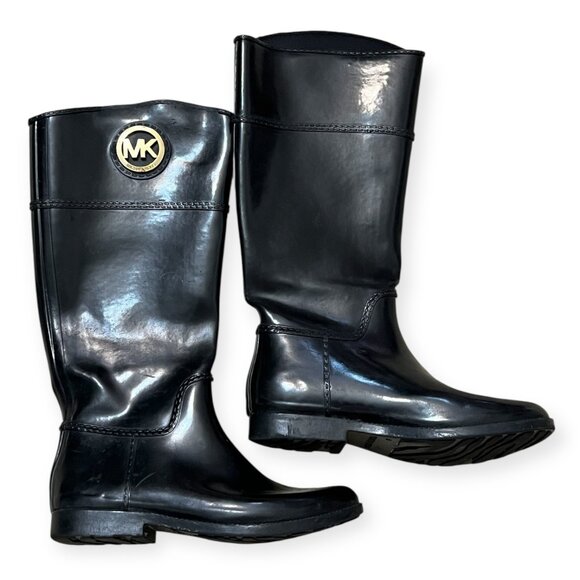 Michael Kors Black Rain Boots Size 9 MK Logo Tall Waterproof Rubber Riding - Picture 1 of 7